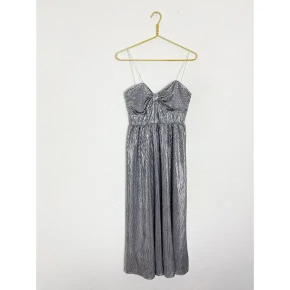 Lovers + Friends Tanya Midi Dress Silver Small Metallic Pleated Rhinestone Strap - Picture 3 of 14
